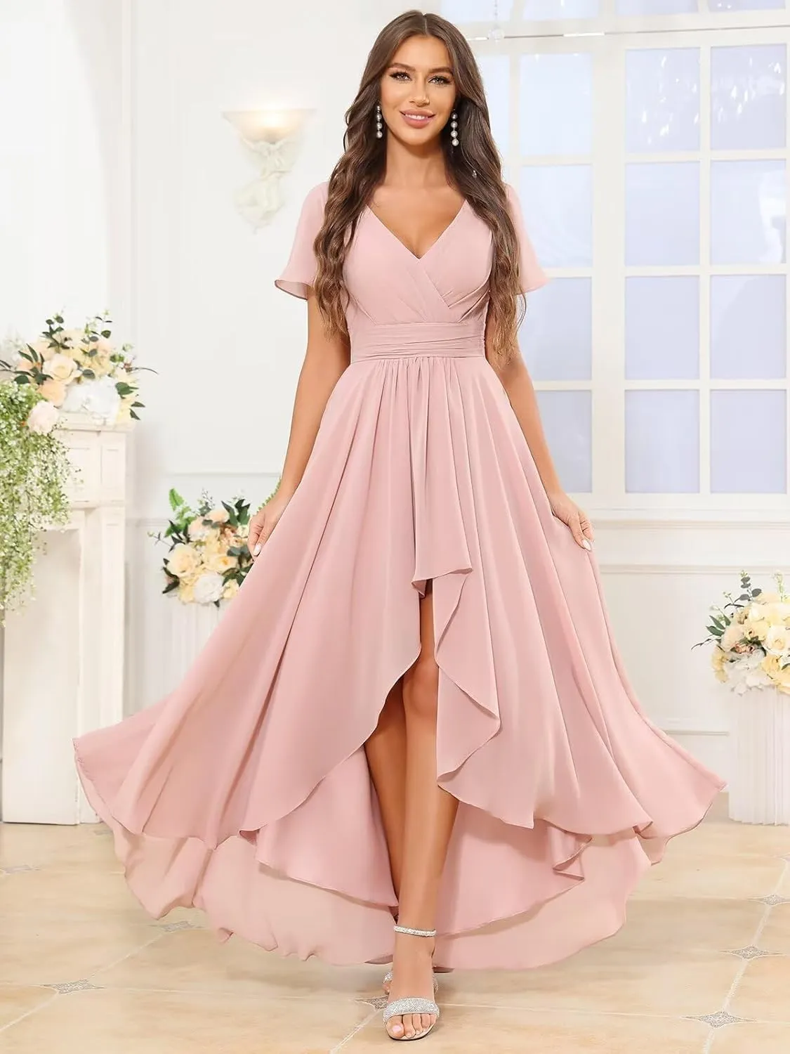 VCCICANY Short Sleeve Bridesmaid Dresses for Women Chiffon Ruffle High Low V Neck Formal Gown with Pockets