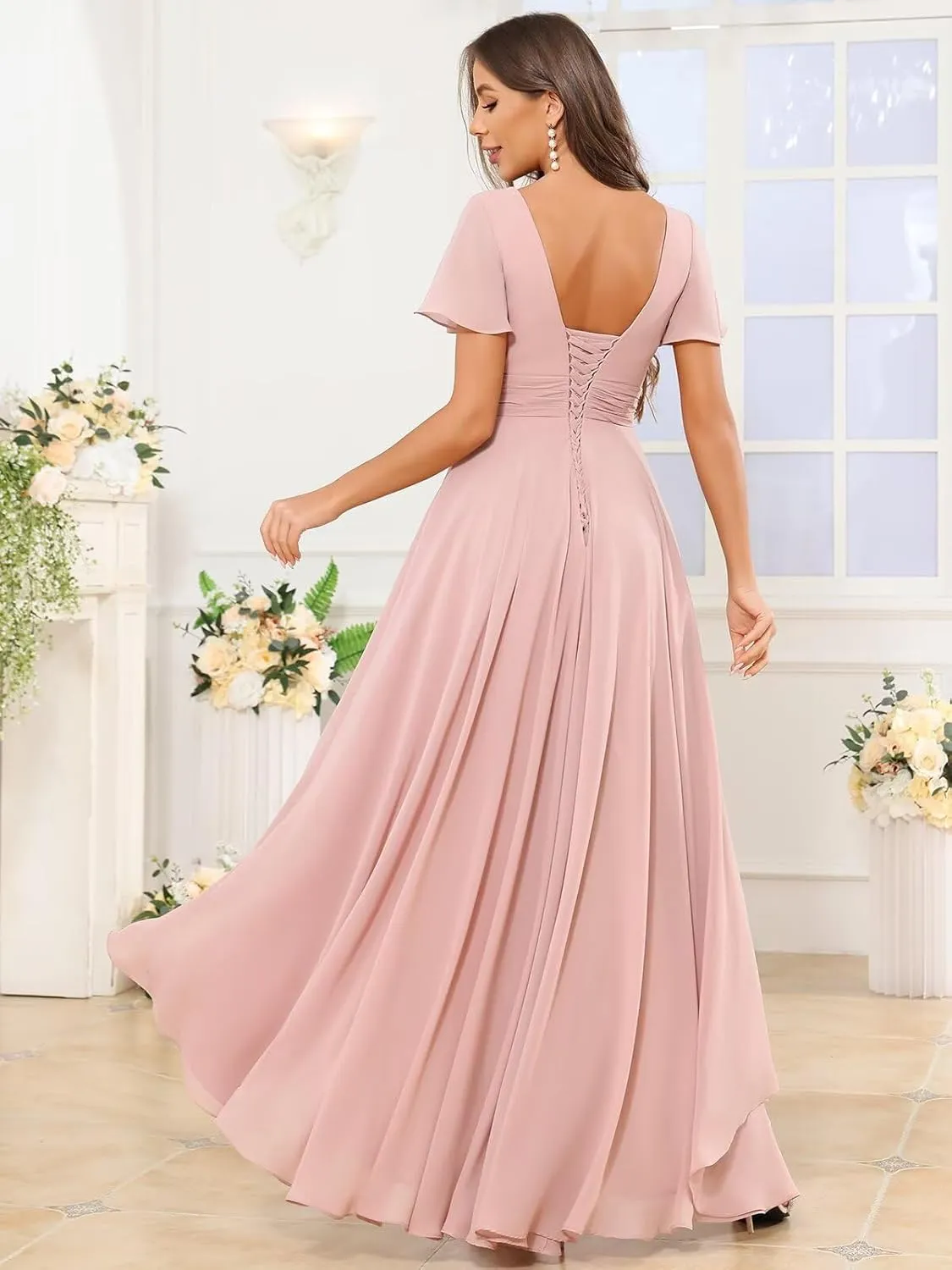 VCCICANY Short Sleeve Bridesmaid Dresses for Women Chiffon Ruffle High Low V Neck Formal Gown with Pockets