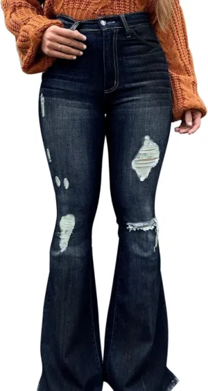 Vintage Bell Bottoms Flare Jeans for Women 90s High Waist Ripped Distressed Wide Leg High Rise Denim Pants