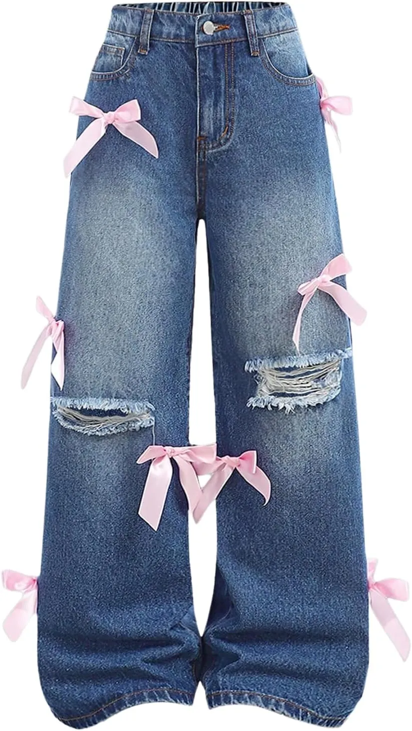WDIRARA Girl's Bow Wide Leg Denim Pants Elastic High Waisted Y2k Jeans with Pockets