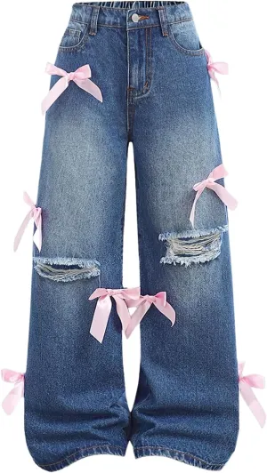WDIRARA Girl's Bow Wide Leg Denim Pants Elastic High Waisted Y2k Jeans with Pockets