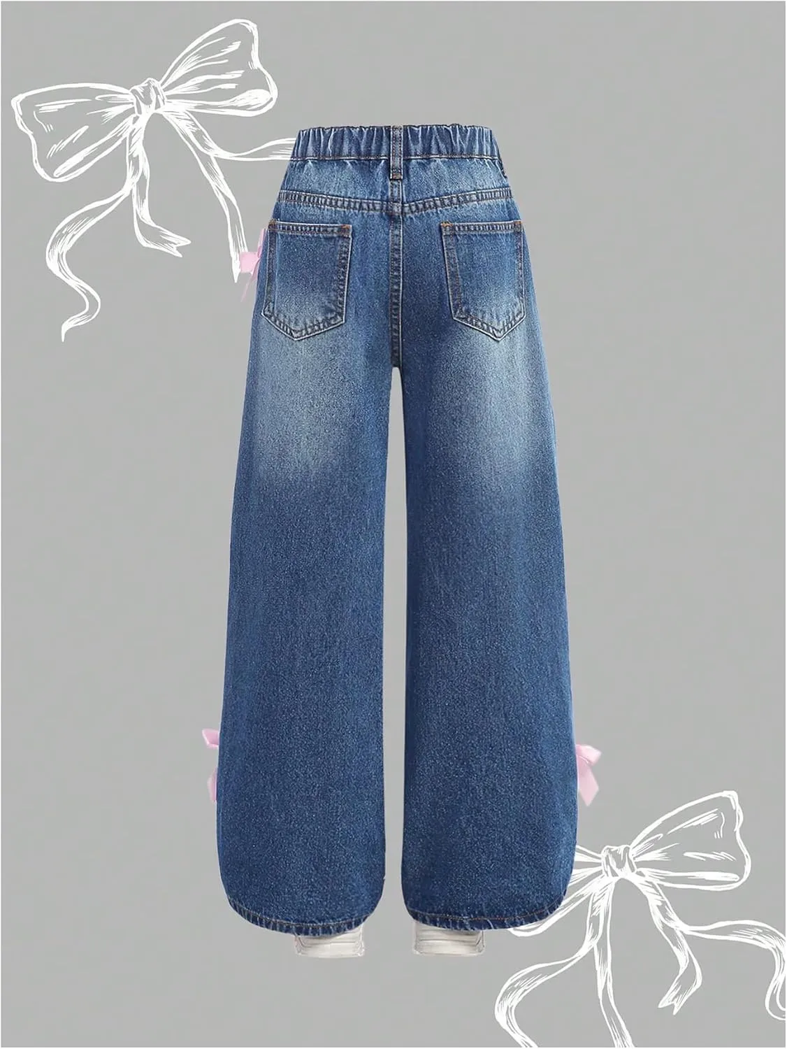 WDIRARA Girl's Bow Wide Leg Denim Pants Elastic High Waisted Y2k Jeans with Pockets