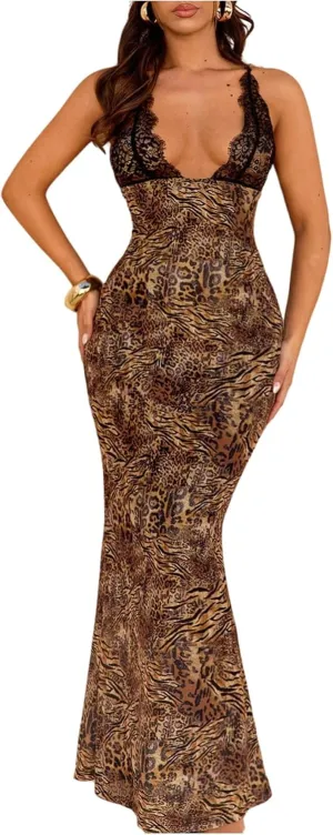 WDIRARA Women's Lace Leopard Print Cami Maxi Dress Sexy Deep V Neck Backless Fishtail Bodycon Dresses