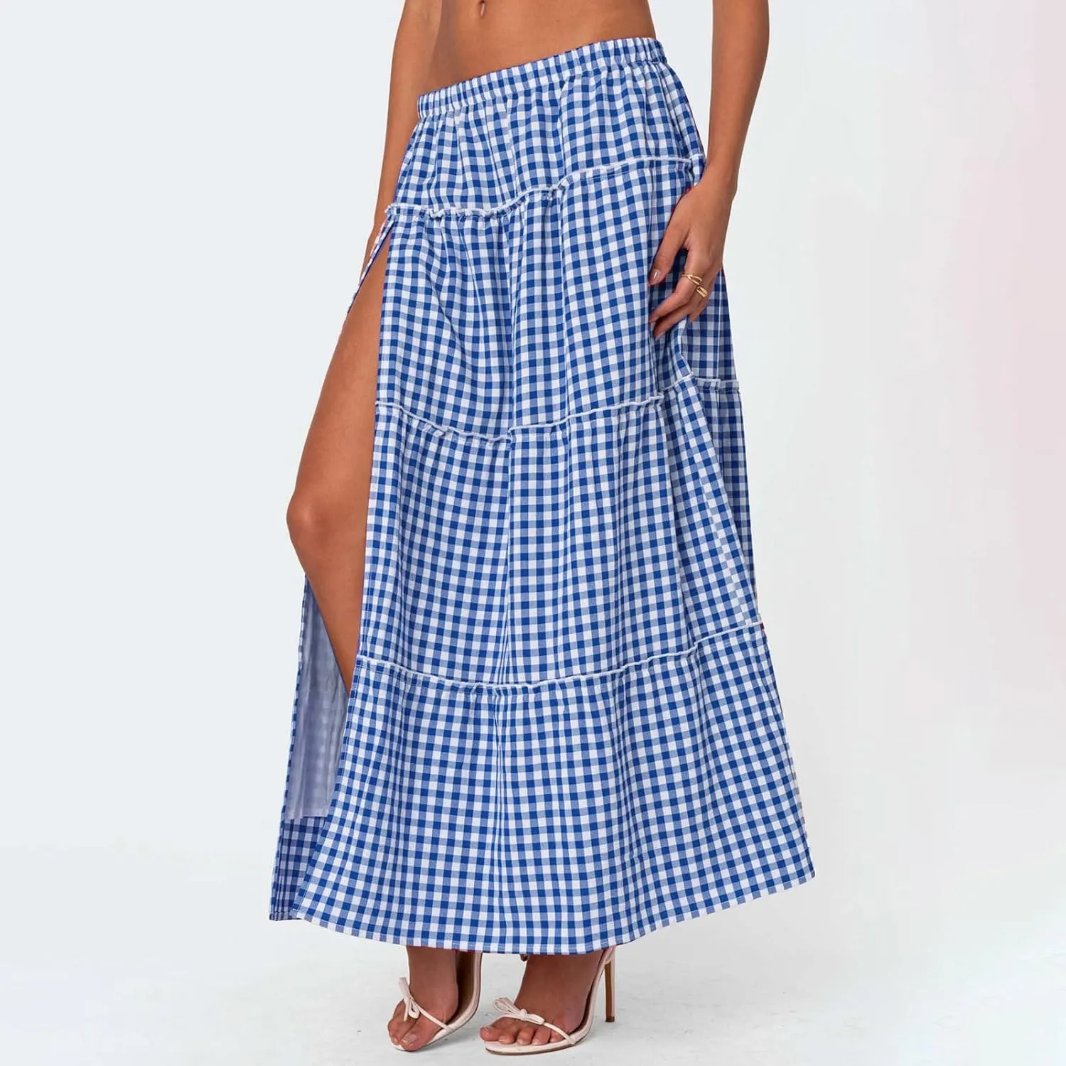 Women Boho Floral Long Maxi Skirt Vintage High Waist A-Line Midi Skirt Tiered Pleated Swing Skirt with Pockets