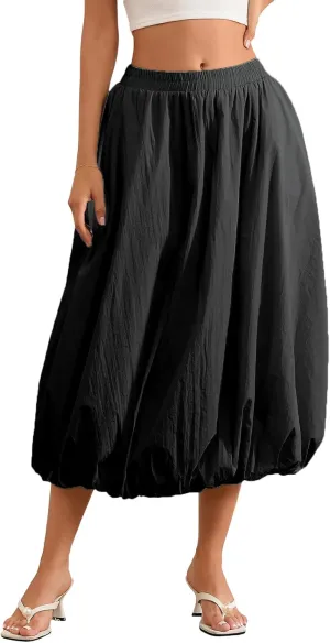 Women Boho Floral Long Maxi Skirt Vintage High Waist A-Line Midi Skirt Tiered Pleated Swing Skirt with Pockets