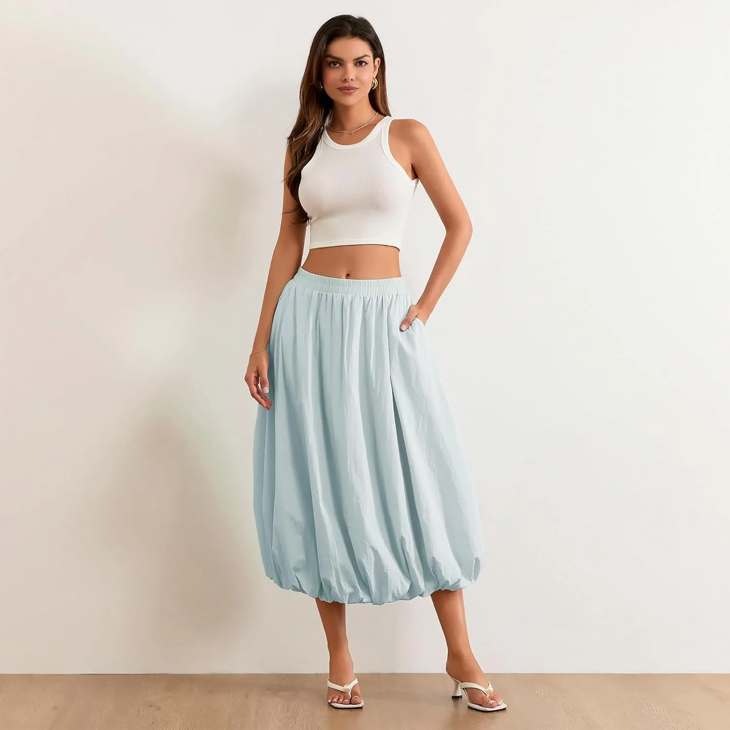 Women Boho Floral Long Maxi Skirt Vintage High Waist A-Line Midi Skirt Tiered Pleated Swing Skirt with Pockets