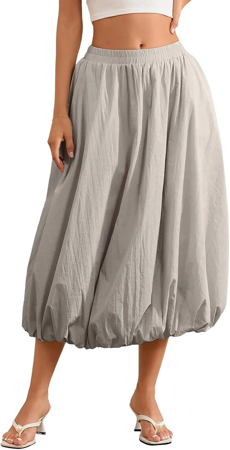 Women Boho Floral Long Maxi Skirt Vintage High Waist A-Line Midi Skirt Tiered Pleated Swing Skirt with Pockets