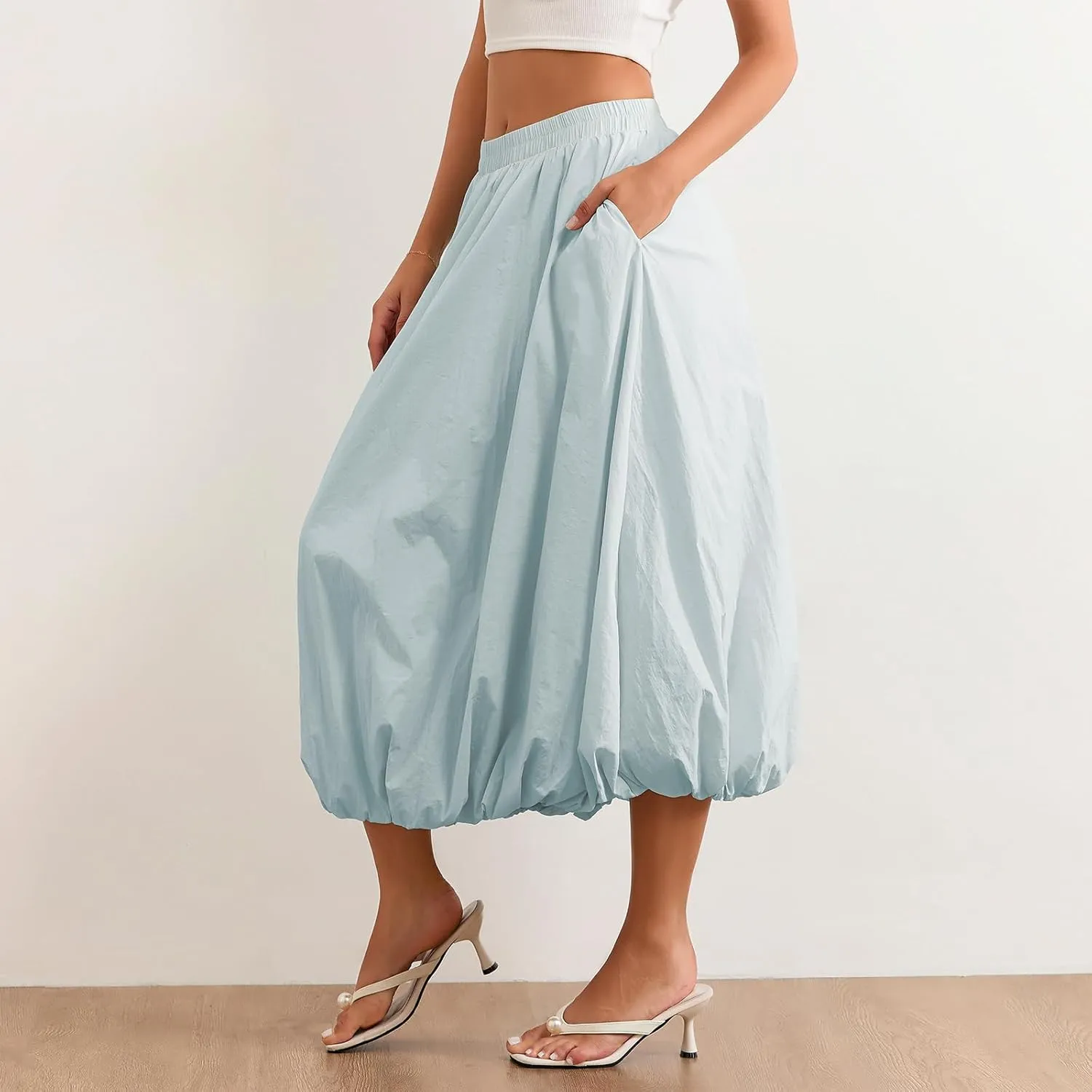 Women Boho Floral Long Maxi Skirt Vintage High Waist A-Line Midi Skirt Tiered Pleated Swing Skirt with Pockets