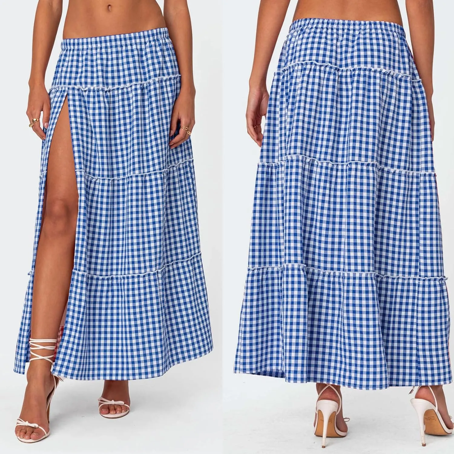 Women Boho Floral Long Maxi Skirt Vintage High Waist A-Line Midi Skirt Tiered Pleated Swing Skirt with Pockets