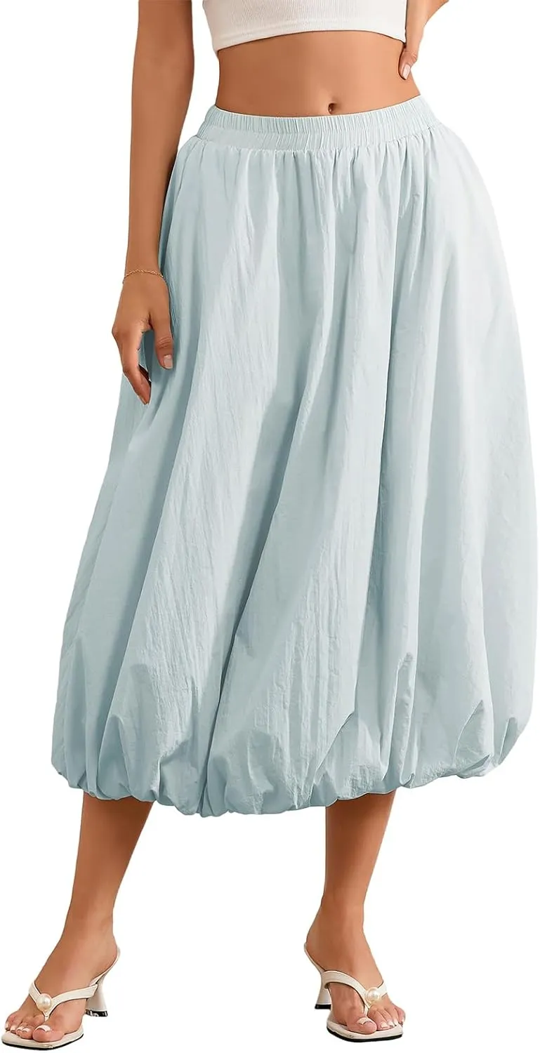 Women Boho Floral Long Maxi Skirt Vintage High Waist A-Line Midi Skirt Tiered Pleated Swing Skirt with Pockets