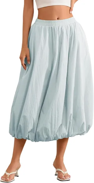 Women Boho Floral Long Maxi Skirt Vintage High Waist A-Line Midi Skirt Tiered Pleated Swing Skirt with Pockets