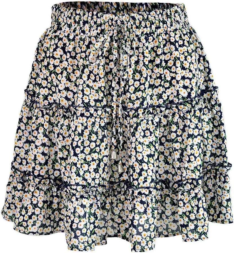 Women Boho Print Mini Skirt Summer Layered Frill Flowy A-Line Skirts Drawstring High Waisted Casual Cute Beach Skirt