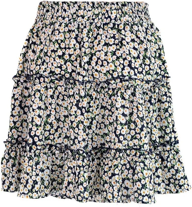 Women Boho Print Mini Skirt Summer Layered Frill Flowy A-Line Skirts Drawstring High Waisted Casual Cute Beach Skirt