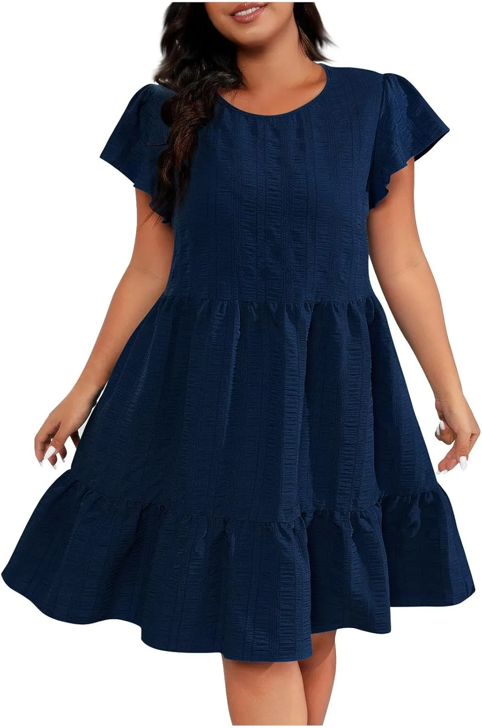 Women Dresses 2024 Puff Short Sleeve Crew Neck Textured Casual Tiered Ruffle A-Line Swing Mini Babydoll Dress Plus Size