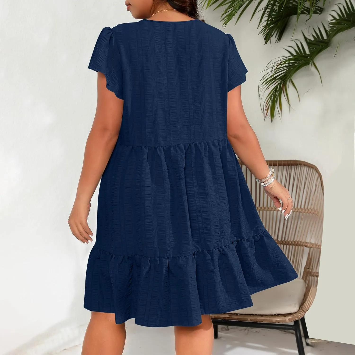 Women Dresses 2024 Puff Short Sleeve Crew Neck Textured Casual Tiered Ruffle A-Line Swing Mini Babydoll Dress Plus Size