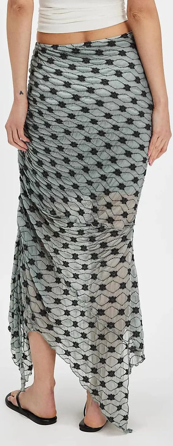 Women Fairy Floral Mesh Maxi Skirt Elastic Mid Waist Asymmetrical Ruffle Hem Long Skirt Bodycon Ruched Boho Skirts