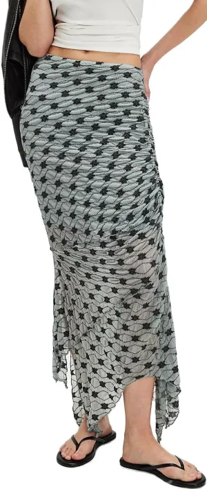 Women Fairy Floral Mesh Maxi Skirt Elastic Mid Waist Asymmetrical Ruffle Hem Long Skirt Bodycon Ruched Boho Skirts