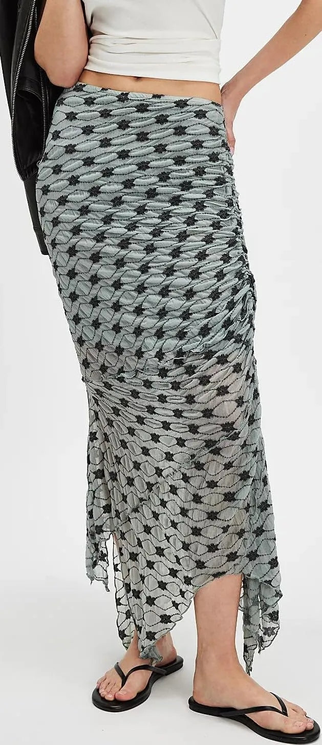 Women Fairy Floral Mesh Maxi Skirt Elastic Mid Waist Asymmetrical Ruffle Hem Long Skirt Bodycon Ruched Boho Skirts