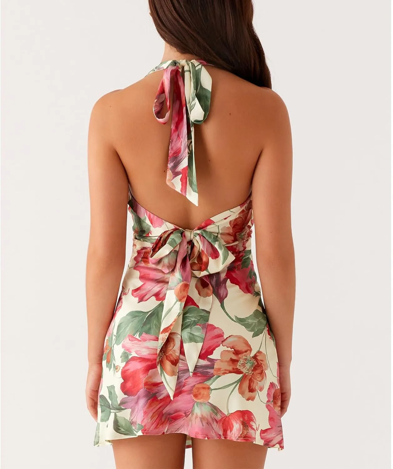 Women Halter Mini Dress Silk Low Cut Cowl Neck Tie Up Bow Short Dresses Y2k Cute Floral Bodycon Party Sundress