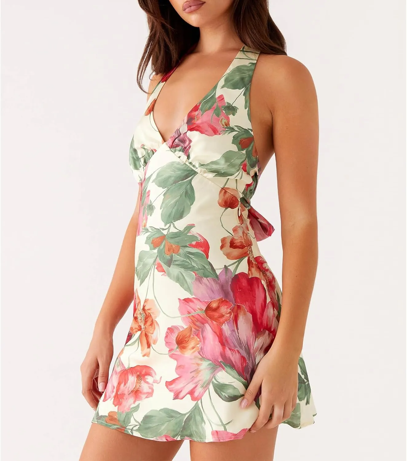 Women Halter Mini Dress Silk Low Cut Cowl Neck Tie Up Bow Short Dresses Y2k Cute Floral Bodycon Party Sundress