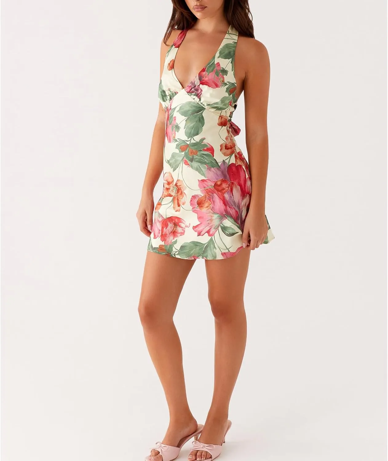 Women Halter Mini Dress Silk Low Cut Cowl Neck Tie Up Bow Short Dresses Y2k Cute Floral Bodycon Party Sundress