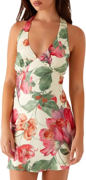 Women Halter Mini Dress Silk Low Cut Cowl Neck Tie Up Bow Short Dresses Y2k Cute Floral Bodycon Party Sundress