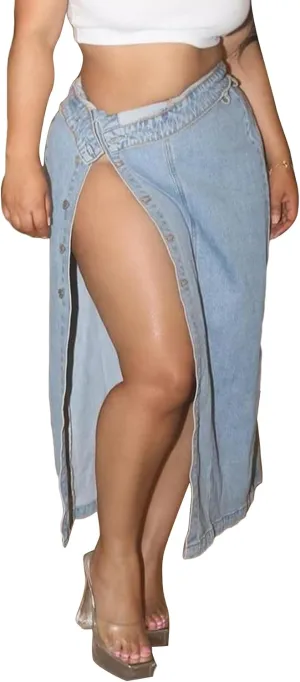 Women High Slit Long Denim Skirt Button Down Casual High Waisted Y2k Jean Skirts Club Streetwear