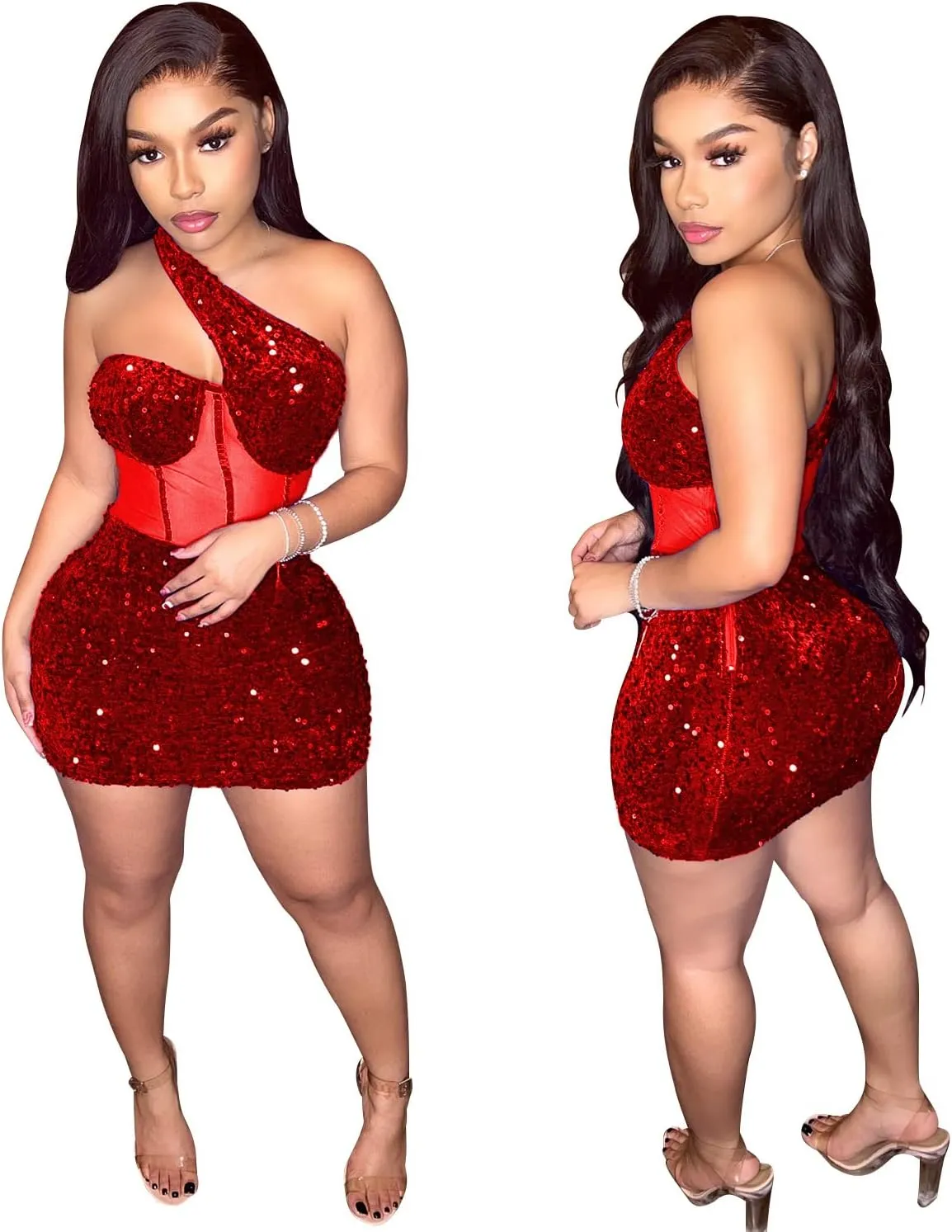 Women Sexy Glitter Sequin Mesh Patchwork Mini Dress Sleevelesss One Oblique Shoulder Bodycon Night Clubwear Party Dresses