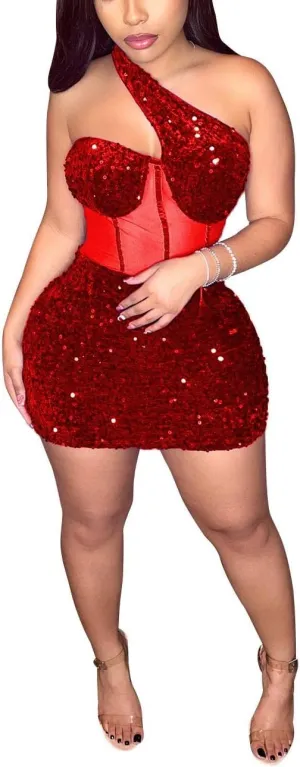 Women Sexy Glitter Sequin Mesh Patchwork Mini Dress Sleevelesss One Oblique Shoulder Bodycon Night Clubwear Party Dresses