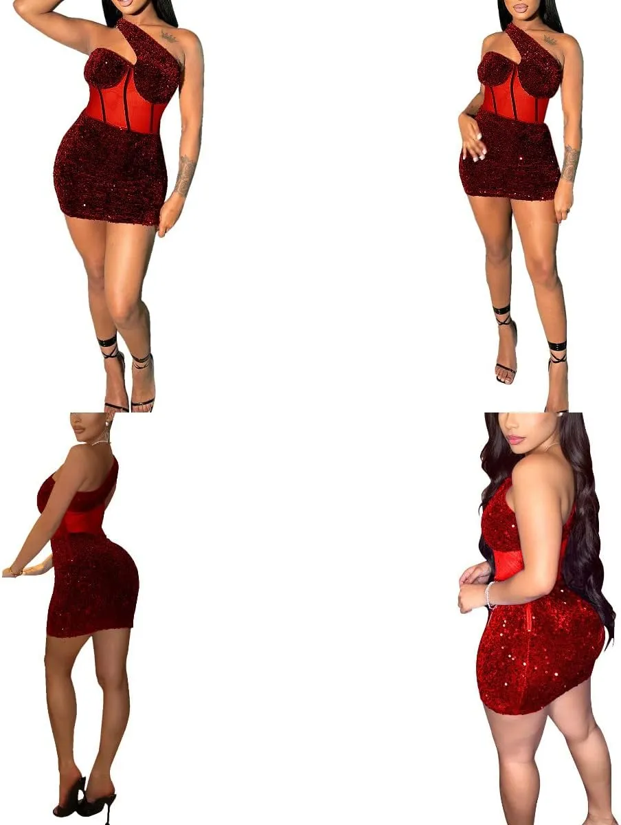 Women Sexy Glitter Sequin Mesh Patchwork Mini Dress Sleevelesss One Oblique Shoulder Bodycon Night Clubwear Party Dresses