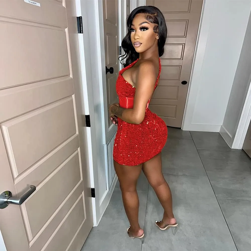 Women Sexy Glitter Sequin Mesh Patchwork Mini Dress Sleevelesss One Oblique Shoulder Bodycon Night Clubwear Party Dresses
