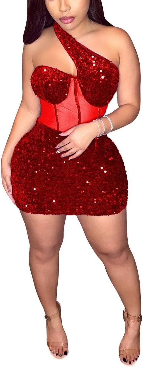 Women Sexy Glitter Sequin Mesh Patchwork Mini Dress Sleevelesss One Oblique Shoulder Bodycon Night Clubwear Party Dresses
