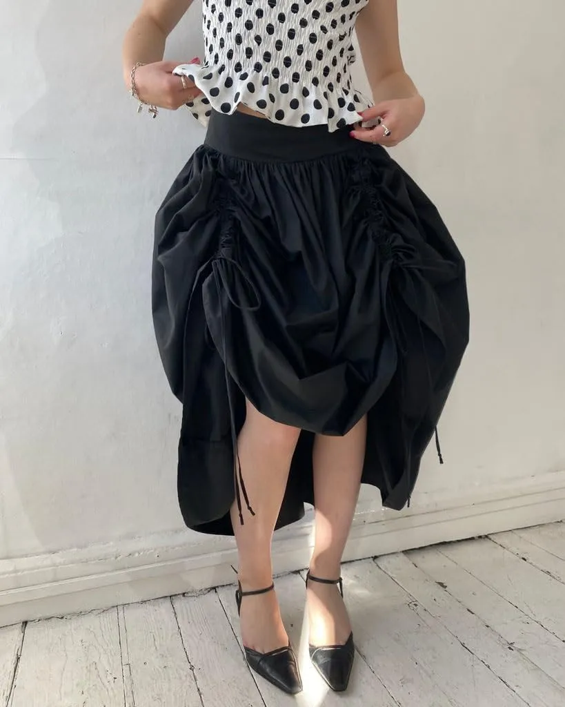 Women Side Drawstring Ruched Maxi Skirts A-Line Ruffle Pleated Bow Tie Long Skirt Low Rise Smocked Flowy Midi Skirt