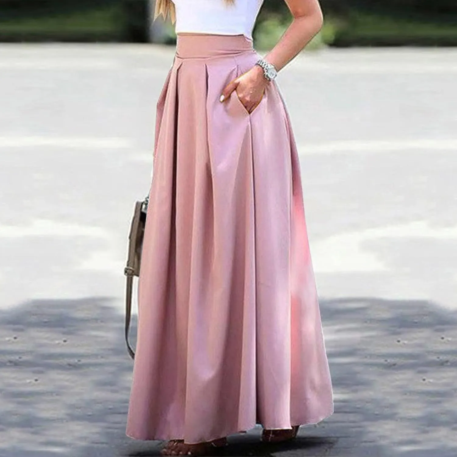 Women Spring Summer Pleated Maxi Skirt Elastic High Waisted A-Line Long Casual Loose Flowy Swing Skirt with Pockets