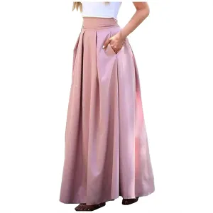 Women Spring Summer Pleated Maxi Skirt Elastic High Waisted A-Line Long Casual Loose Flowy Swing Skirt with Pockets