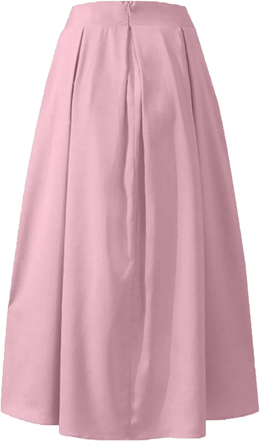 Women Spring Summer Pleated Maxi Skirt Elastic High Waisted A-Line Long Casual Loose Flowy Swing Skirt with Pockets