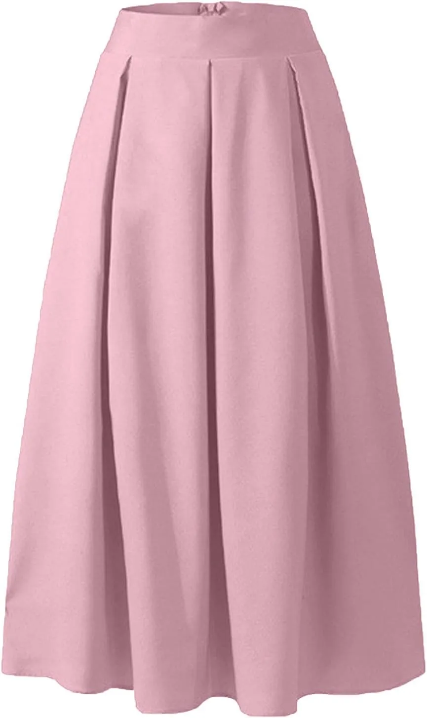 Women Spring Summer Pleated Maxi Skirt Elastic High Waisted A-Line Long Casual Loose Flowy Swing Skirt with Pockets