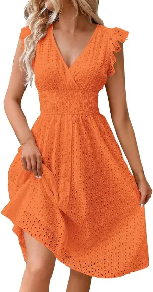 Women Summer Dresses Cap Sleeve Babydoll Eyelet Ruffle V Neck Mini Dress Plus Size Casual Loose Sundress with Pockets