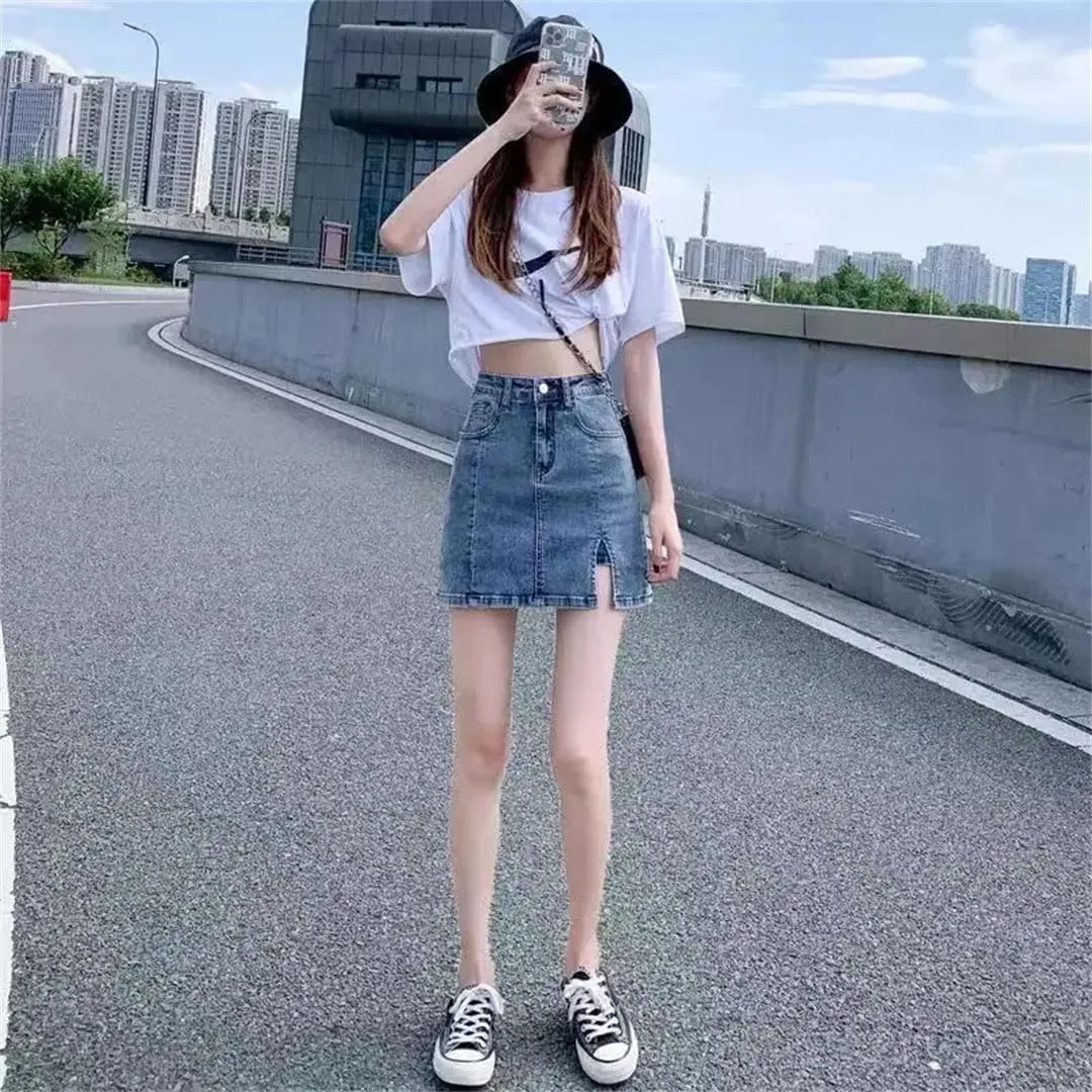 Women Tight-Fitting High-Waisted A-Line Thin Split Skirt Bag Hip Denim Short Skirt