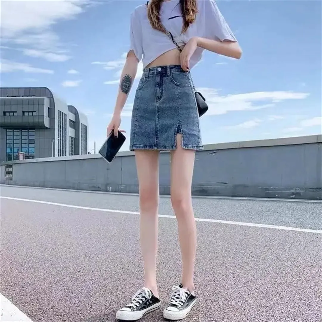 Women Tight-Fitting High-Waisted A-Line Thin Split Skirt Bag Hip Denim Short Skirt