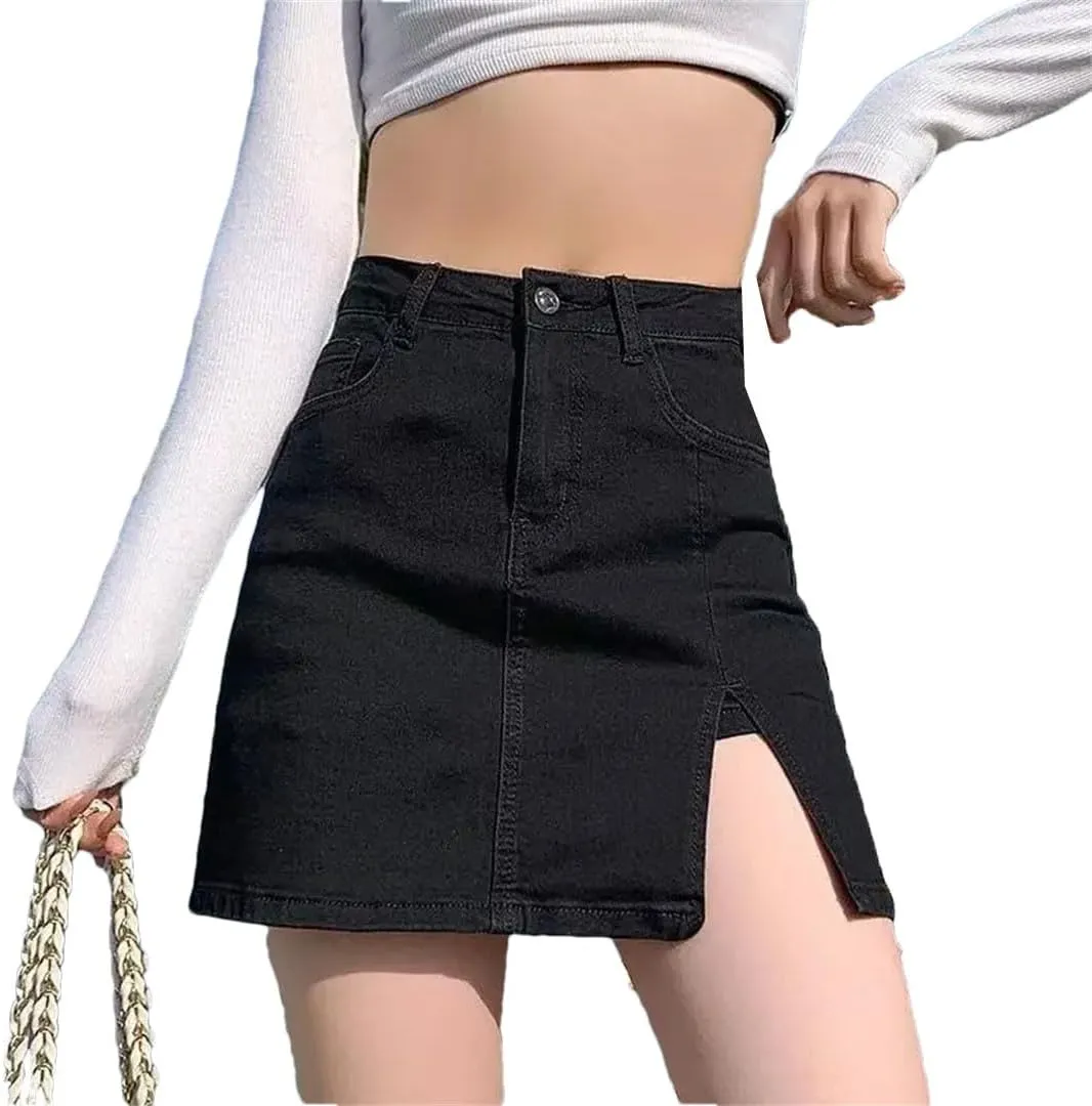 Women Tight-Fitting High-Waisted A-Line Thin Split Skirt Bag Hip Denim Short Skirt