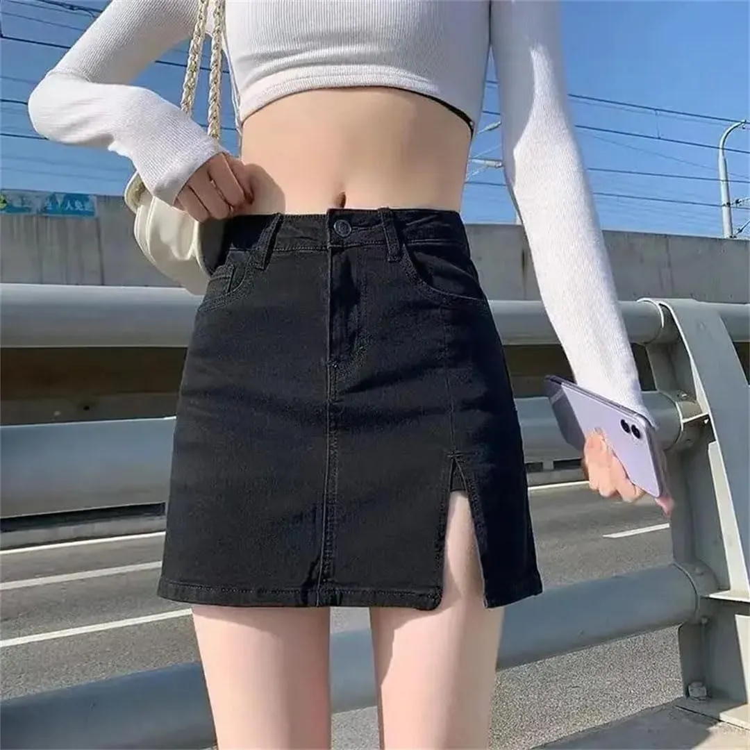 Women Tight-Fitting High-Waisted A-Line Thin Split Skirt Bag Hip Denim Short Skirt