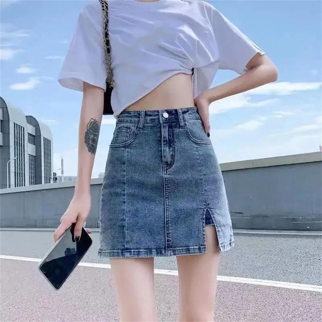 Women Tight-Fitting High-Waisted A-Line Thin Split Skirt Bag Hip Denim Short Skirt