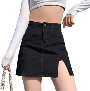 Women Tight-Fitting High-Waisted A-Line Thin Split Skirt Bag Hip Denim Short Skirt
