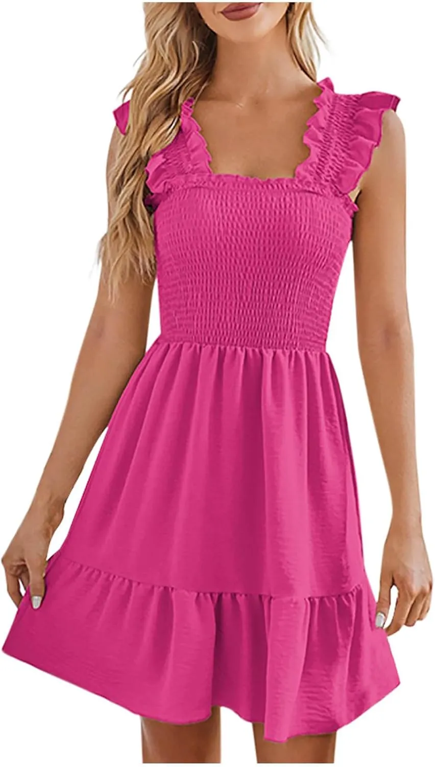 Womens 2025 Casual Dress Smocked Square Neck Sleeveless Boho A-Line Mini Dress Summer Strap Ruffle Swing Dresses