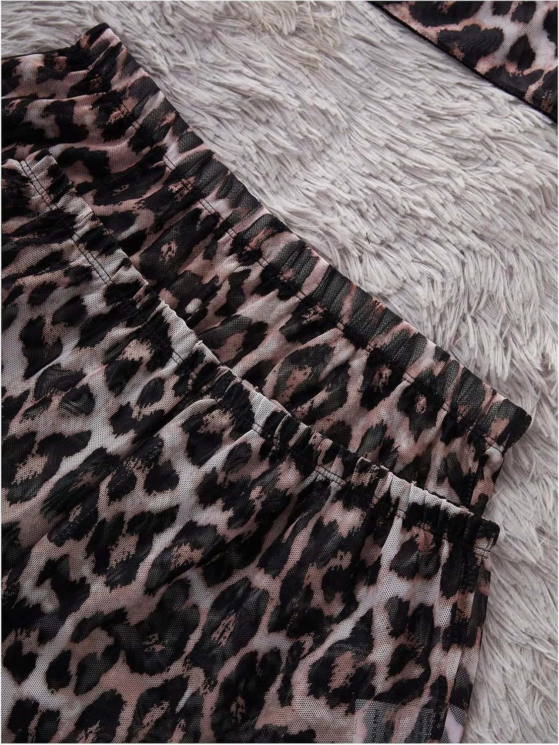 Women's 3 Piece Sexy Mesh Sheer Pajama Sets Leopard Print Lace Cami Top and Ruffle Hem Shorts Pants Set Cheetah Pjs