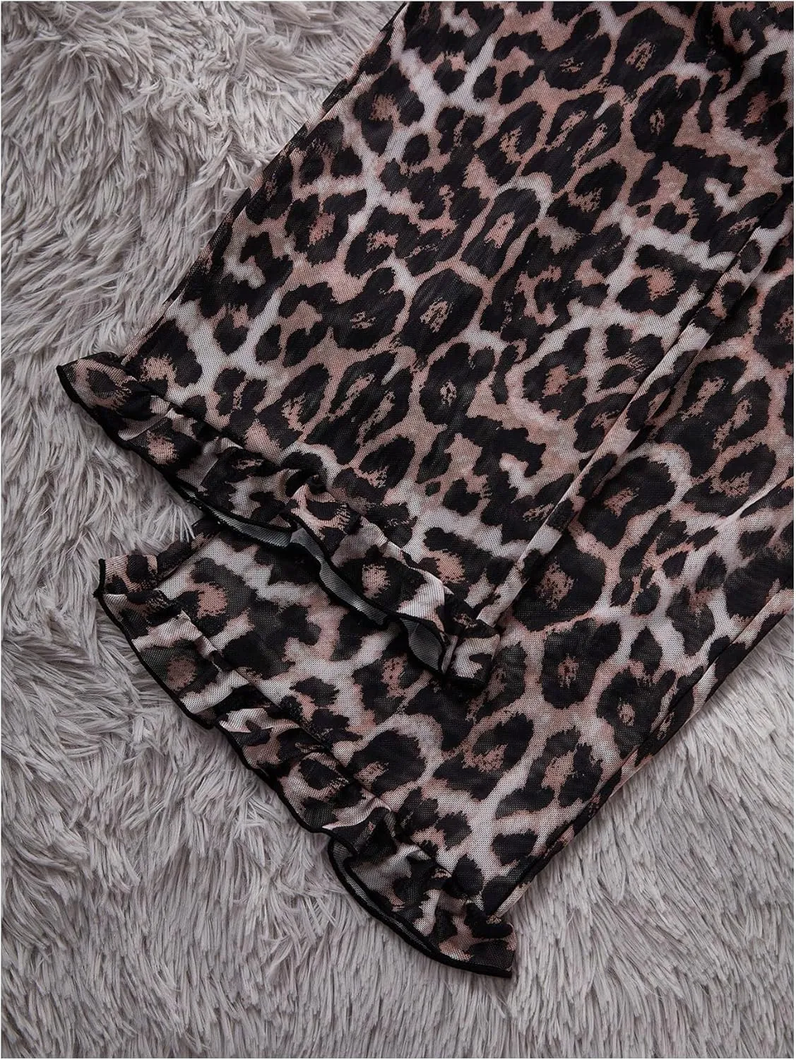 Women's 3 Piece Sexy Mesh Sheer Pajama Sets Leopard Print Lace Cami Top and Ruffle Hem Shorts Pants Set Cheetah Pjs