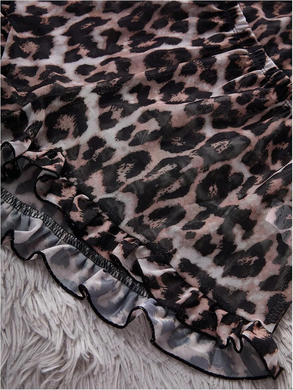 Women's 3 Piece Sexy Mesh Sheer Pajama Sets Leopard Print Lace Cami Top and Ruffle Hem Shorts Pants Set Cheetah Pjs