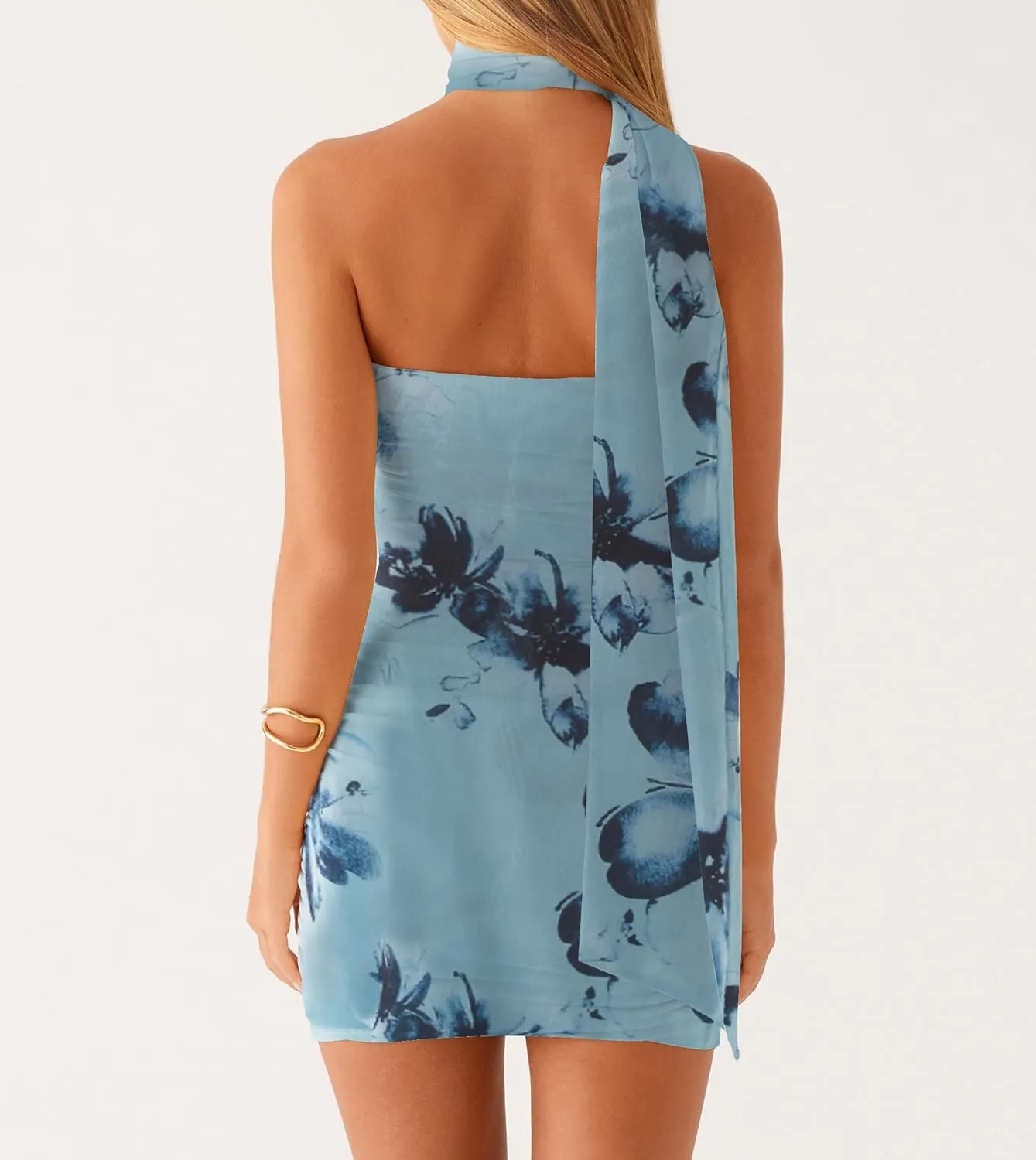 Womens Bodycon Strapless Bandeau Tube Mini Dress with Scarf Y2k Going Out Open Back Sexy Short Dresses