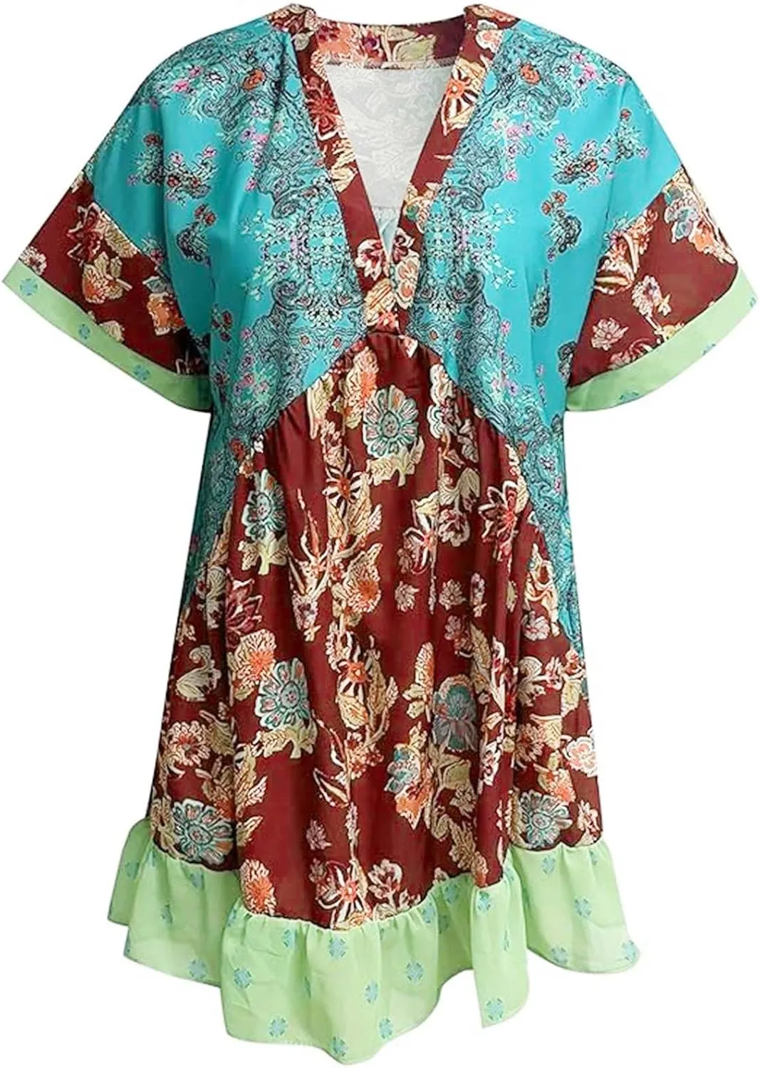 Womens Bohemian Babydoll Dress Casual Summer Floral Dresses Short Sleeve V Neck Sundress Flowy Ruffle Dress
